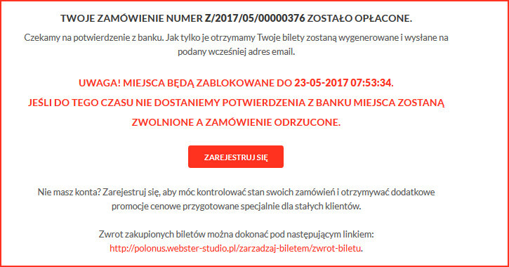 status zamówienia oraz płatności za bilety