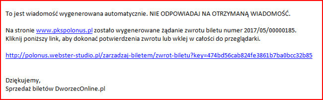 potwierdzenie zwrotu biletów