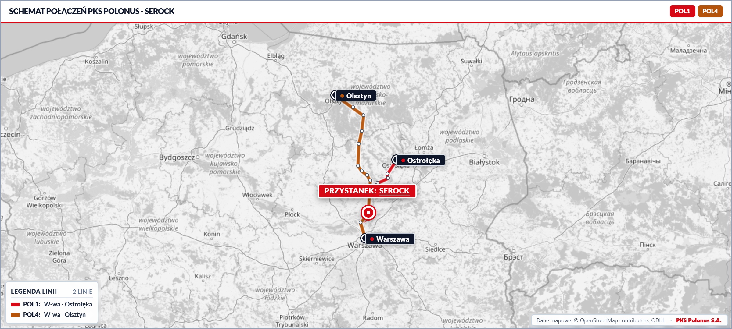 Serock - Schemat dalekobieżnych połączeń autobusowych