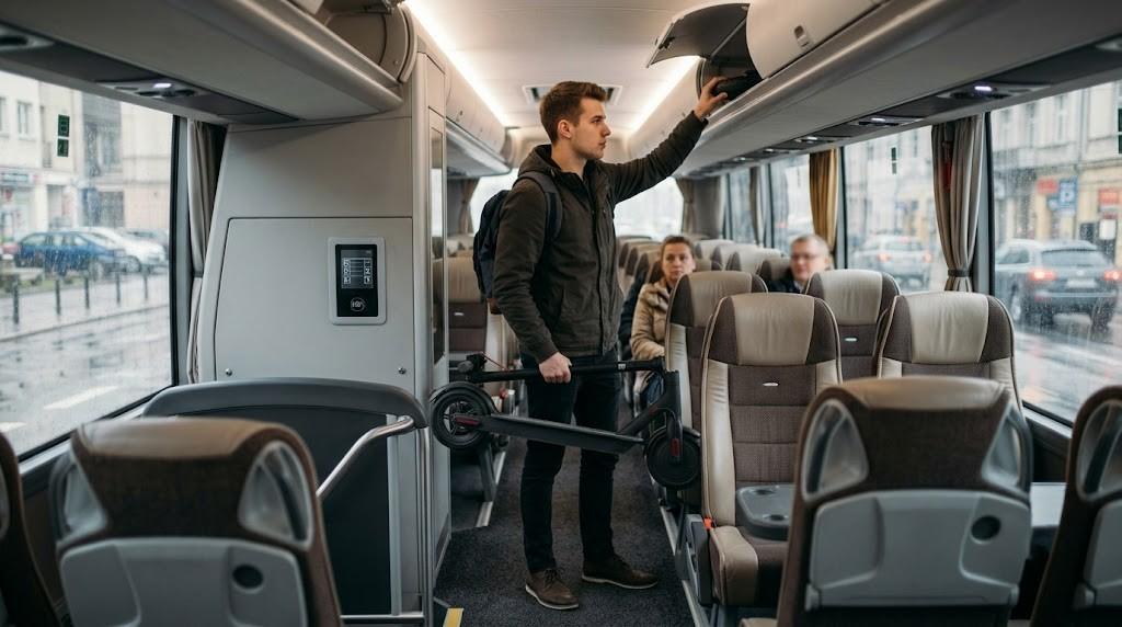 Mężczyzna z hulajnogą elektryczną w stoi w autokarze